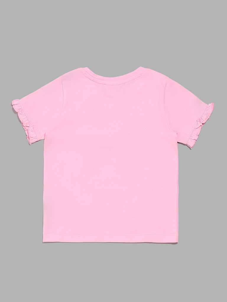 HOP Kids Star-Fish Embellished Pink T-Shirt