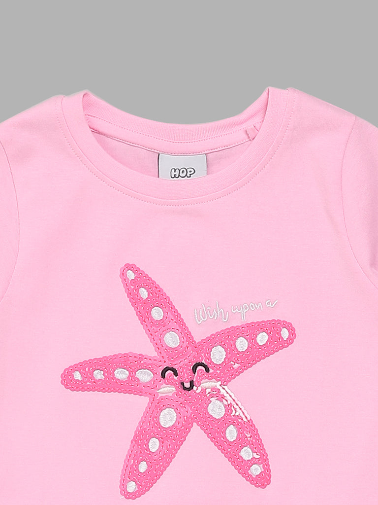 HOP Kids Star-Fish Embellished Pink T-Shirt