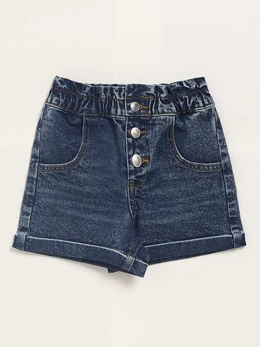 HOP Kids Solid Blue Denim High-Waist Shorts