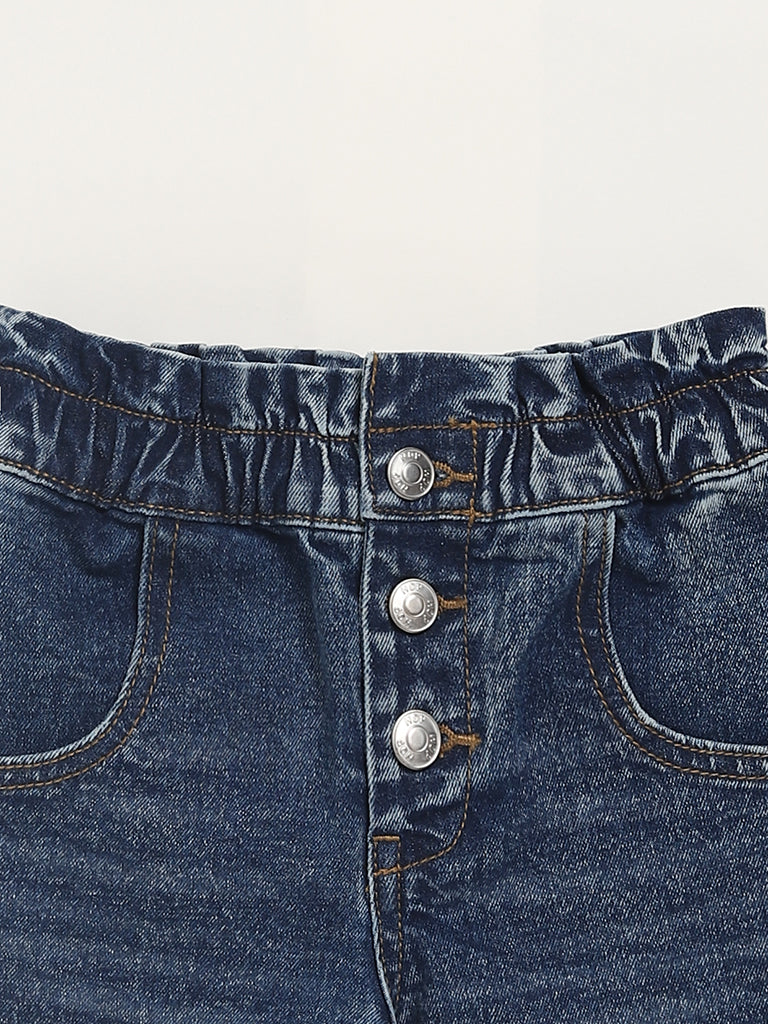 HOP Kids Solid Blue Denim High-Waist Shorts