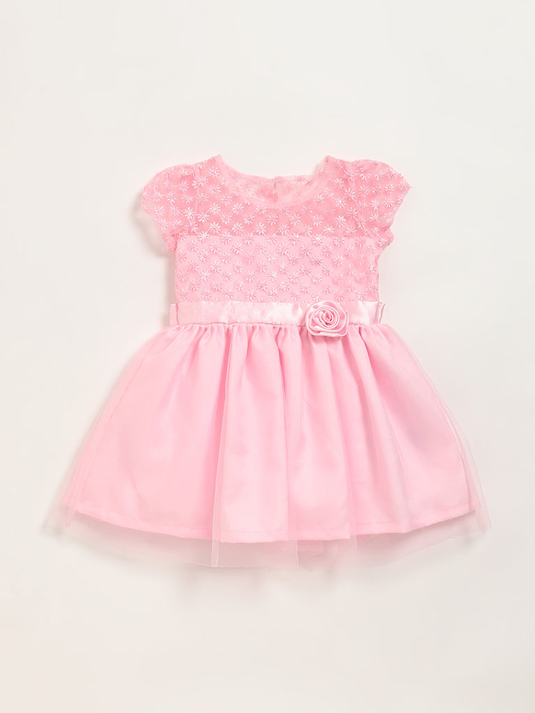 HOP Kids Pink Embroidered Mesh Dress