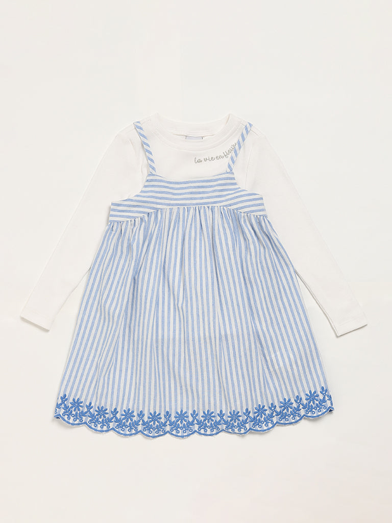 HOP Kids Blue Striped Pinafore Dress with T-Shirt