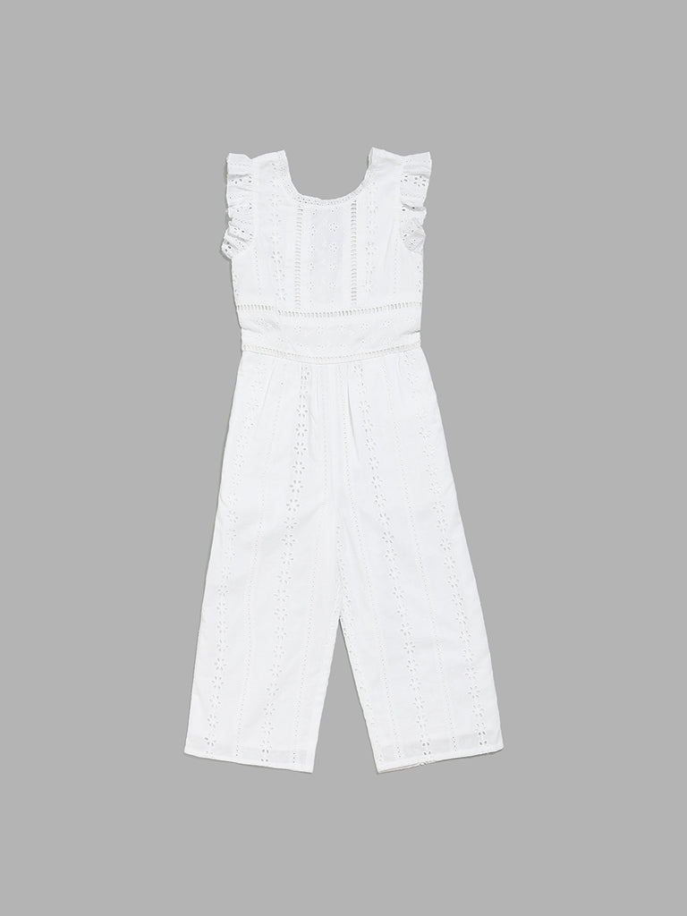 HOP Kids White Schiffli Embroidered Jumpsuit