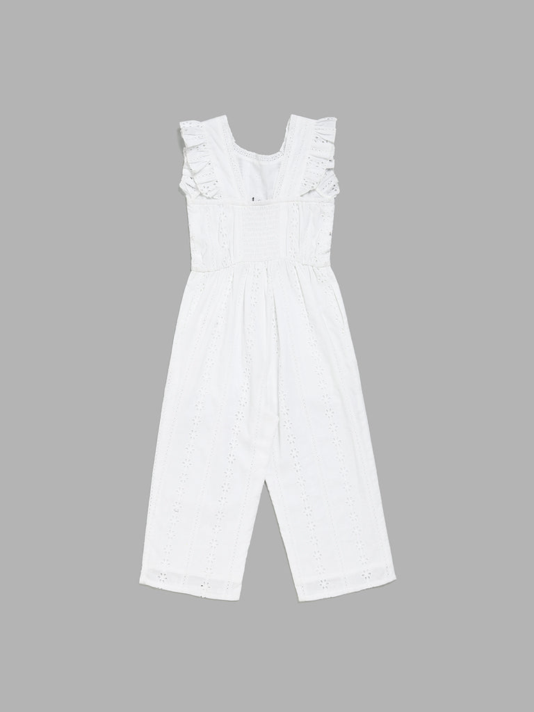 HOP Kids White Schiffli Embroidered Jumpsuit