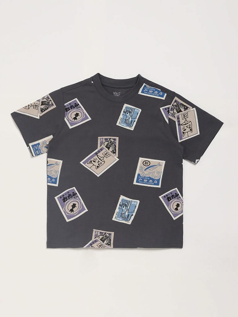 Y&F Kids Grey Stamp Printed T-Shirt