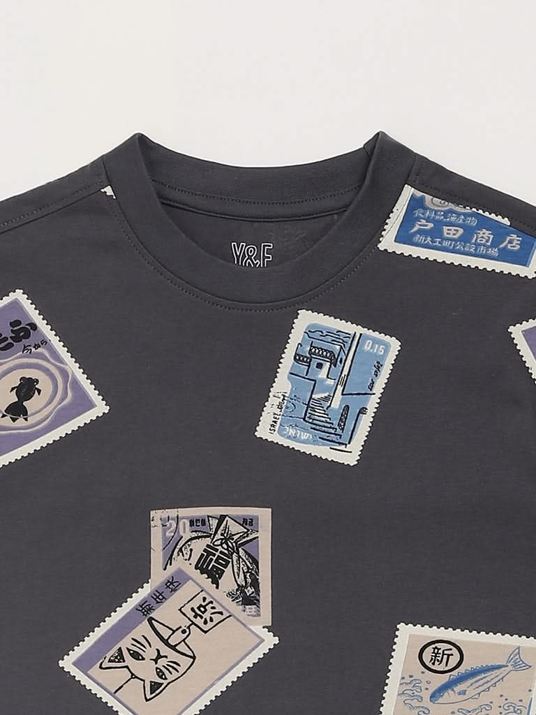 Y&F Kids Grey Stamp Printed T-Shirt