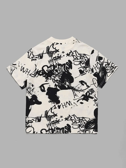 Y&F Kids Off White & Black Abstract Printed T-Shirt