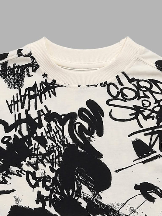 Y&F Kids Off White & Black Abstract Printed T-Shirt