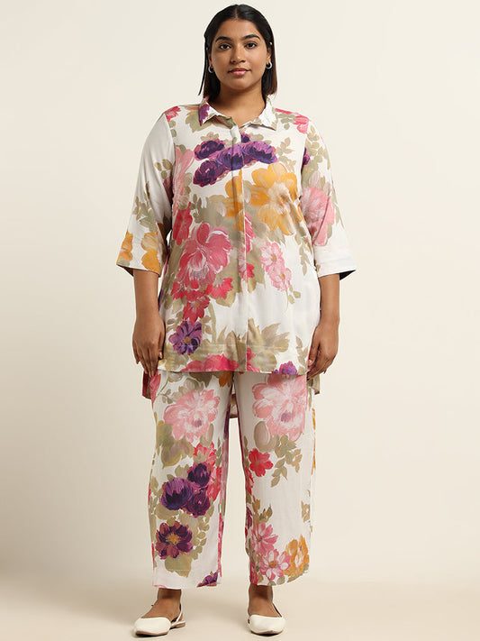 Diza White Floral Printed Straight Pants