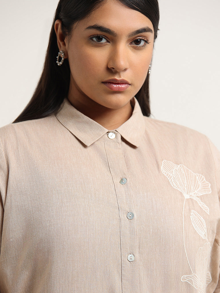 Diza Beige Embroidered Blended Linen Shirt