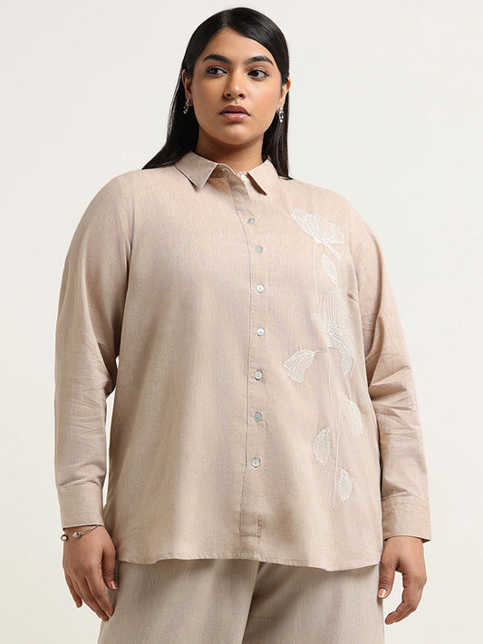 Diza Beige Embroidered Blended Linen Shirt