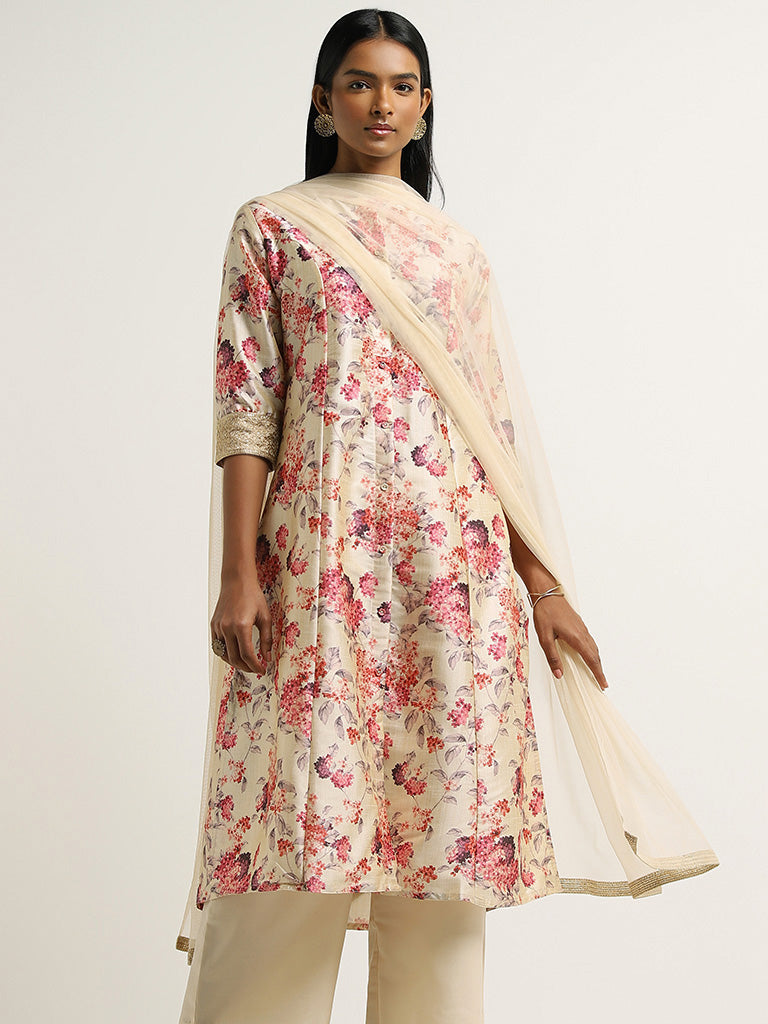 Vark Beige Printed Kurta, Palazzos & Dupatta Set