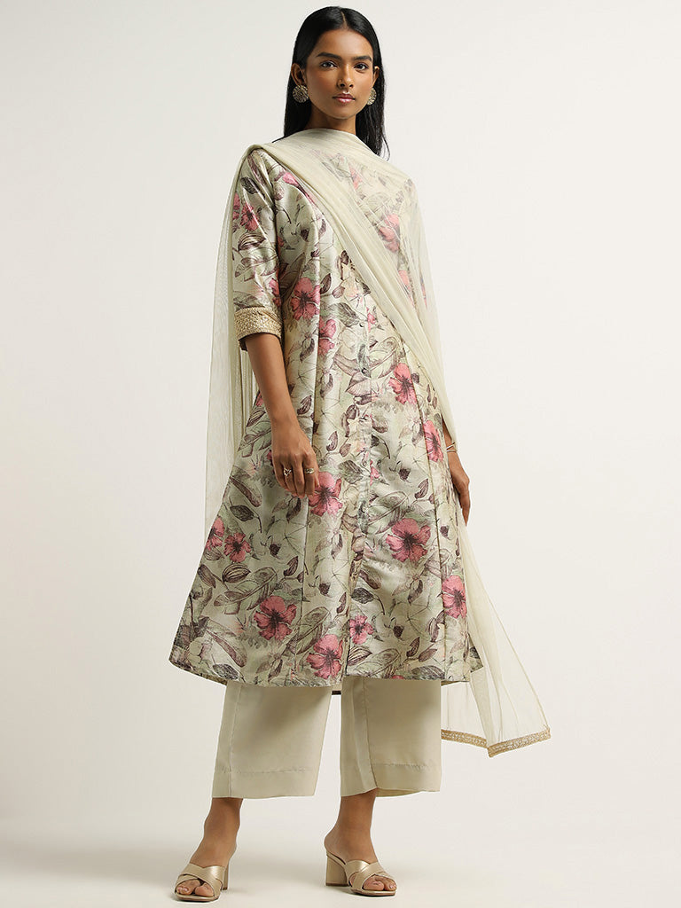 Vark Green Printed Kurta, Palazzos & Dupatta Set