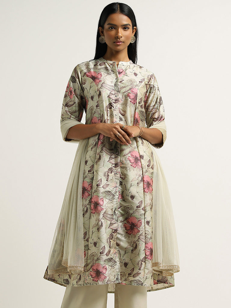 Vark Green Printed Kurta, Palazzos & Dupatta Set