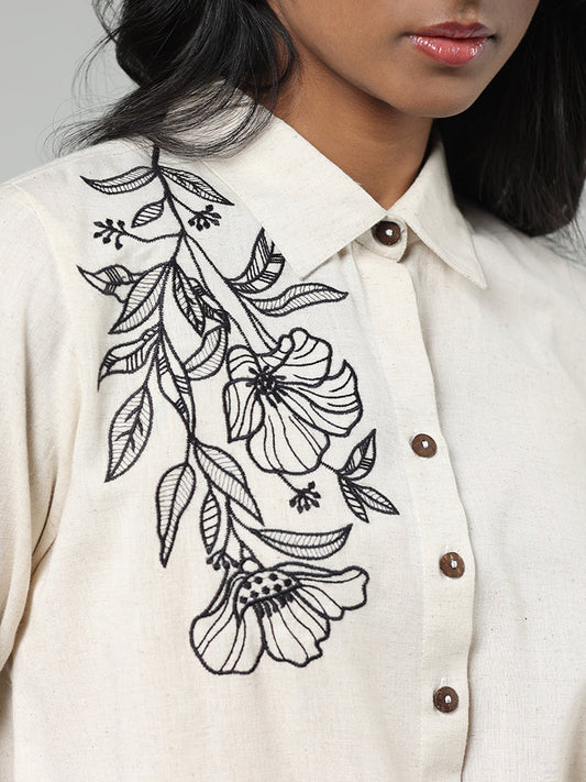 Utsa Off White Floral Embroidered Blended Linen Shirt