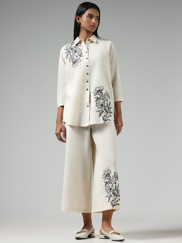 Utsa Off White Floral Embroidered Blended Linen Shirt