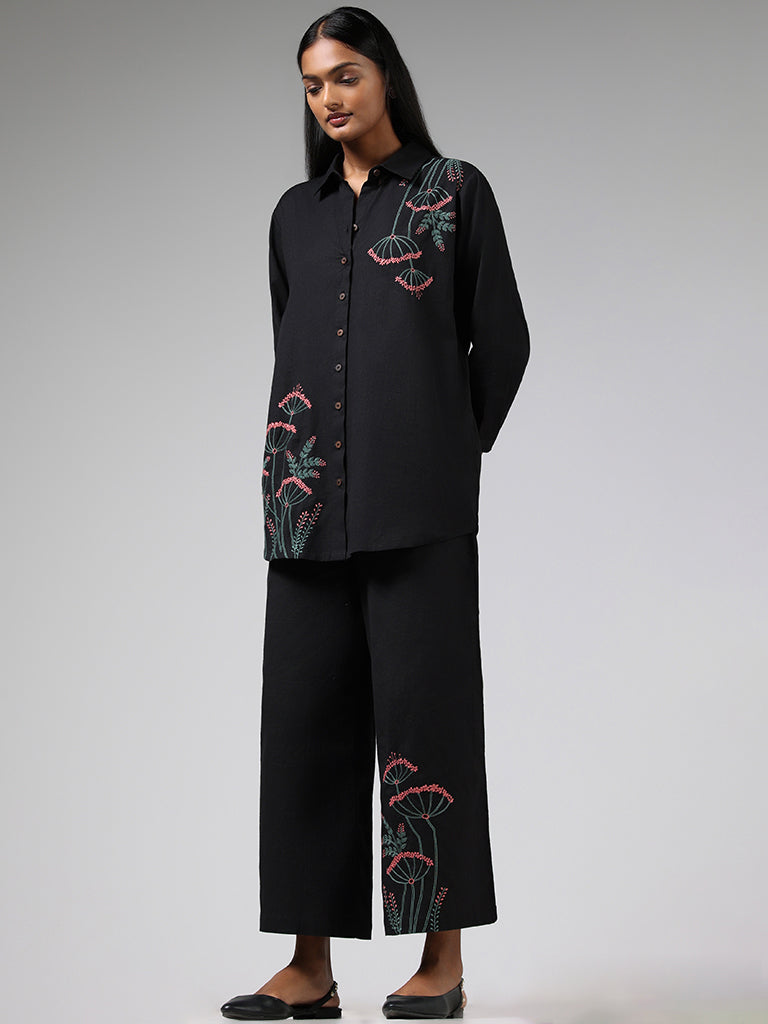 Utsa Black Floral Embroidered Cotton Blend Palazzos