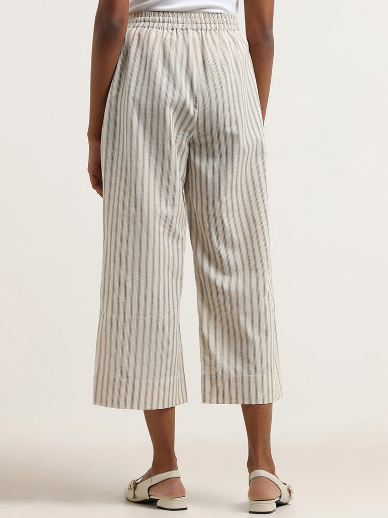 Utsa Off White Striped Cotton Palazzos