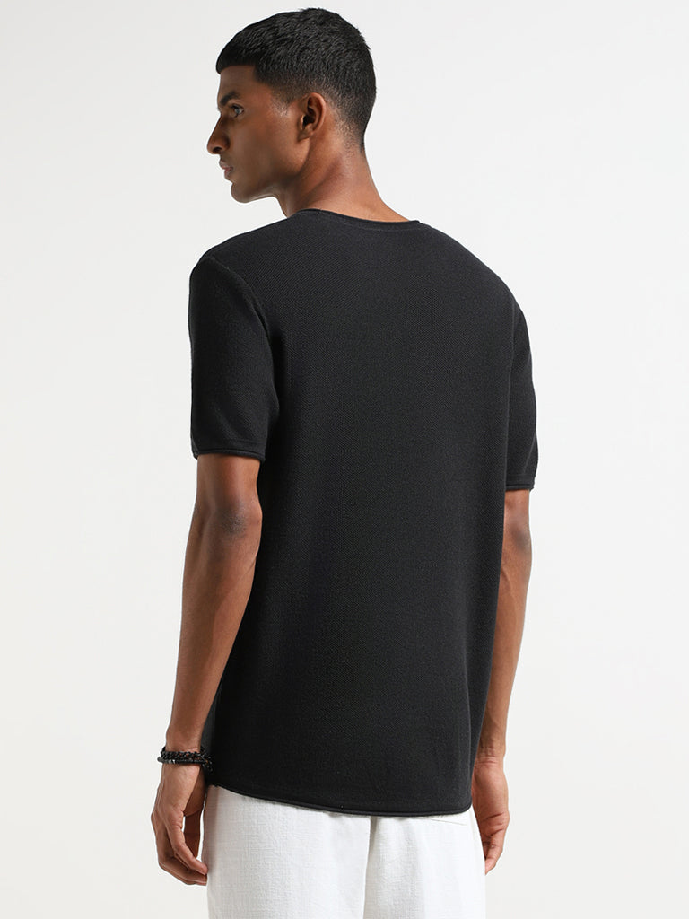 ETA Black Self Patterned Cotton Slim Fit T-Shirt