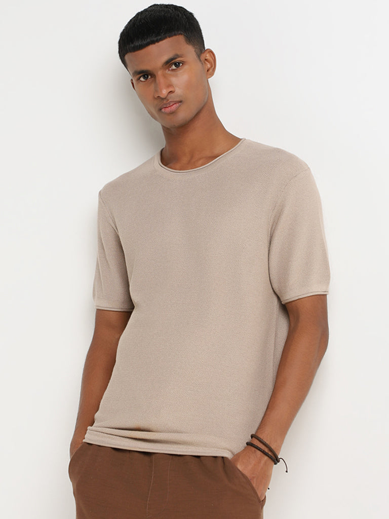 ETA Taupe Self Patterned Cotton Slim Fit T-Shirt