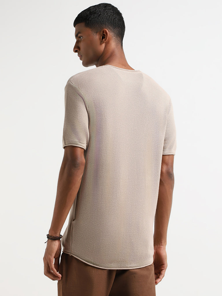 ETA Taupe Self Patterned Cotton Slim Fit T-Shirt