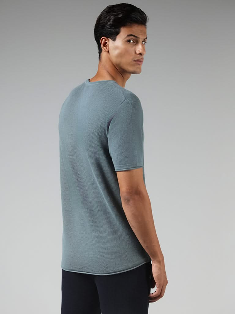 ETA Solid Teal Cotton Blend Slim Fit T-Shirt