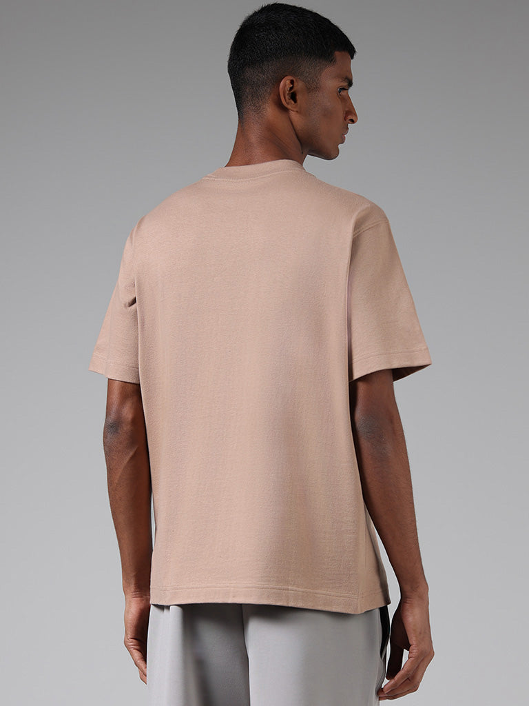 Studiofit Light Brown Typographic Cotton Relaxed Fit T-Shirt