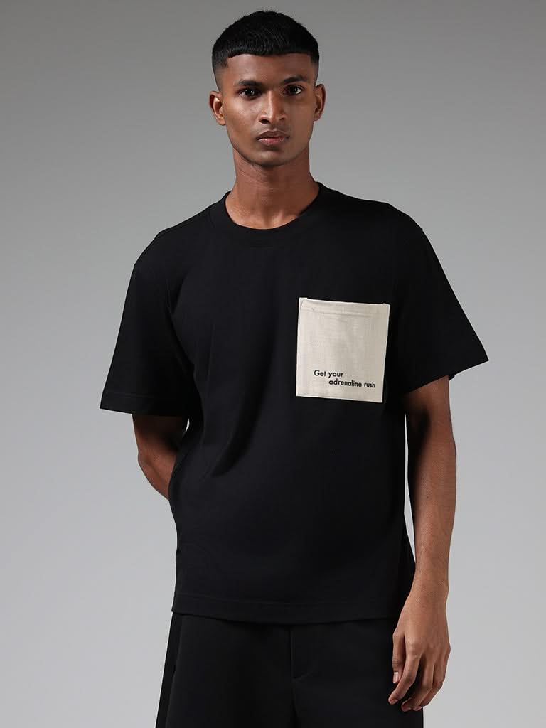 Studiofit Typography Printed Black Cotton Relaxed Fit T-Shirt