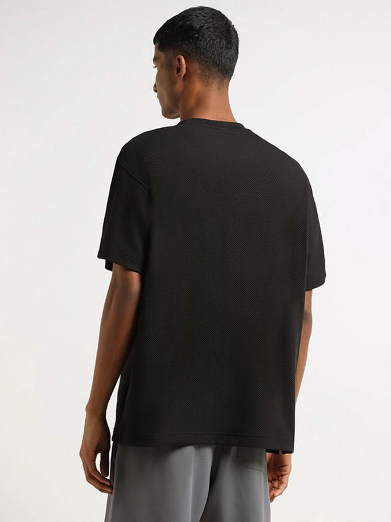 Studiofit Black Self Pattern Cotton Blend Relaxed Fit T-Shirt