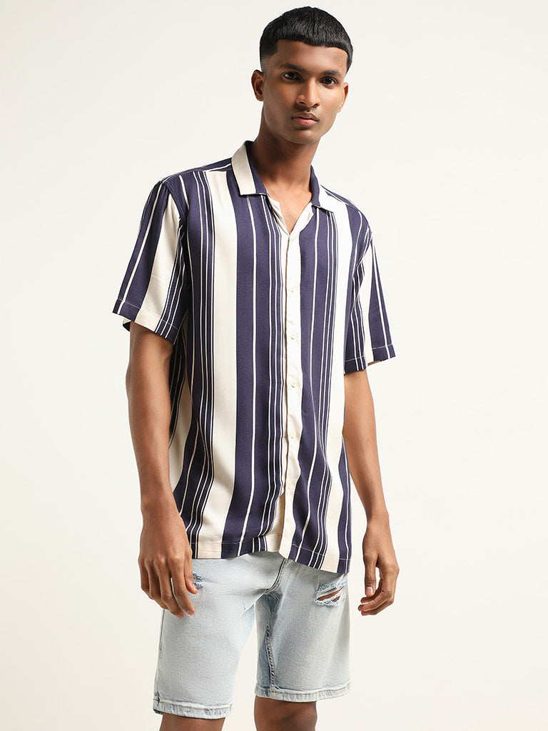 Nuon Navy Striped Relaxed Fit Shirt