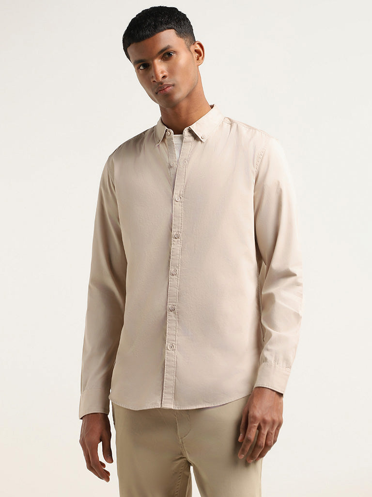 Nuon Beige Cotton Slim Fit Shirt