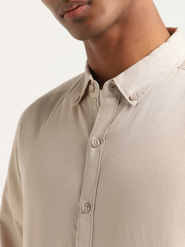 Nuon Beige Cotton Slim Fit Shirt