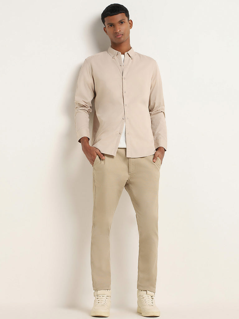 Nuon Beige Cotton Slim Fit Shirt