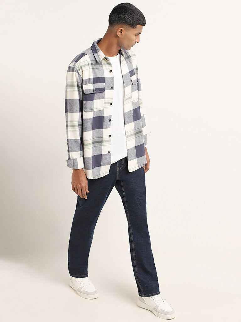 Nuon Blue Plaid Checked Cotton Relaxed Fit Shirt