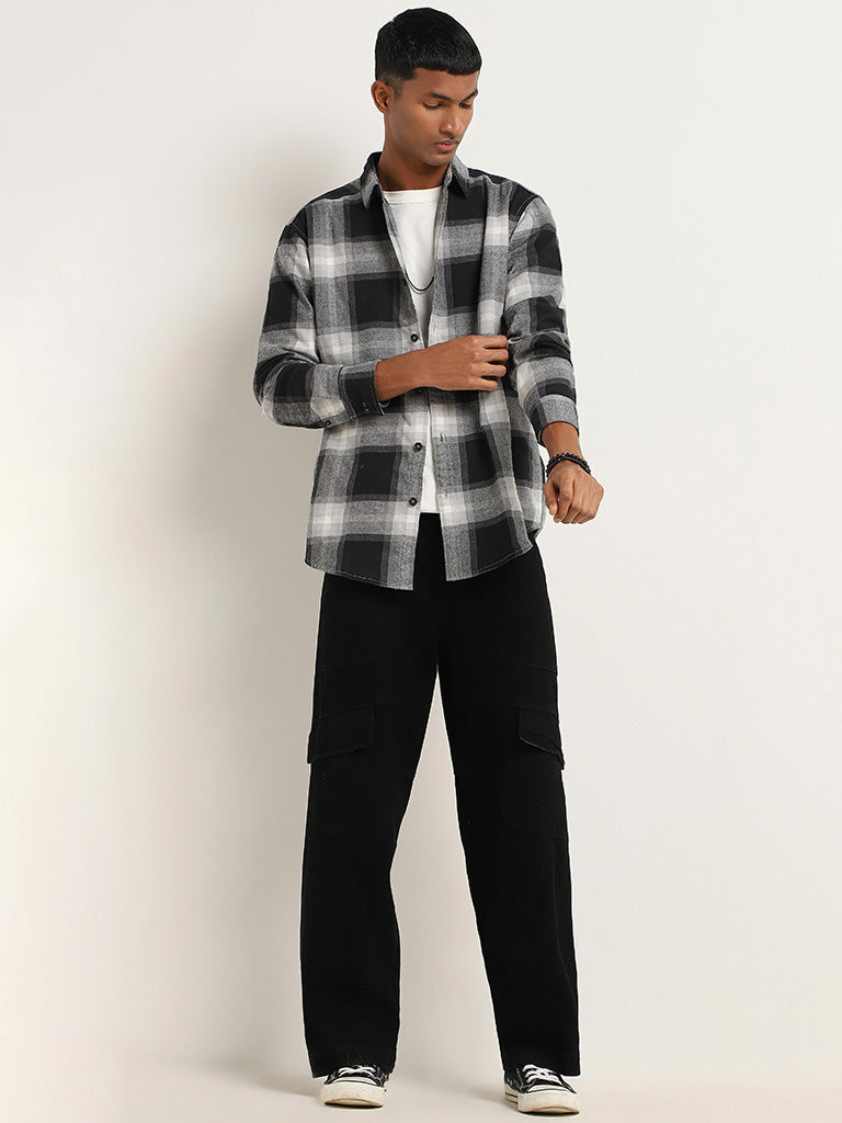 Nuon Black Checked Cotton Relaxed Fit Shirt