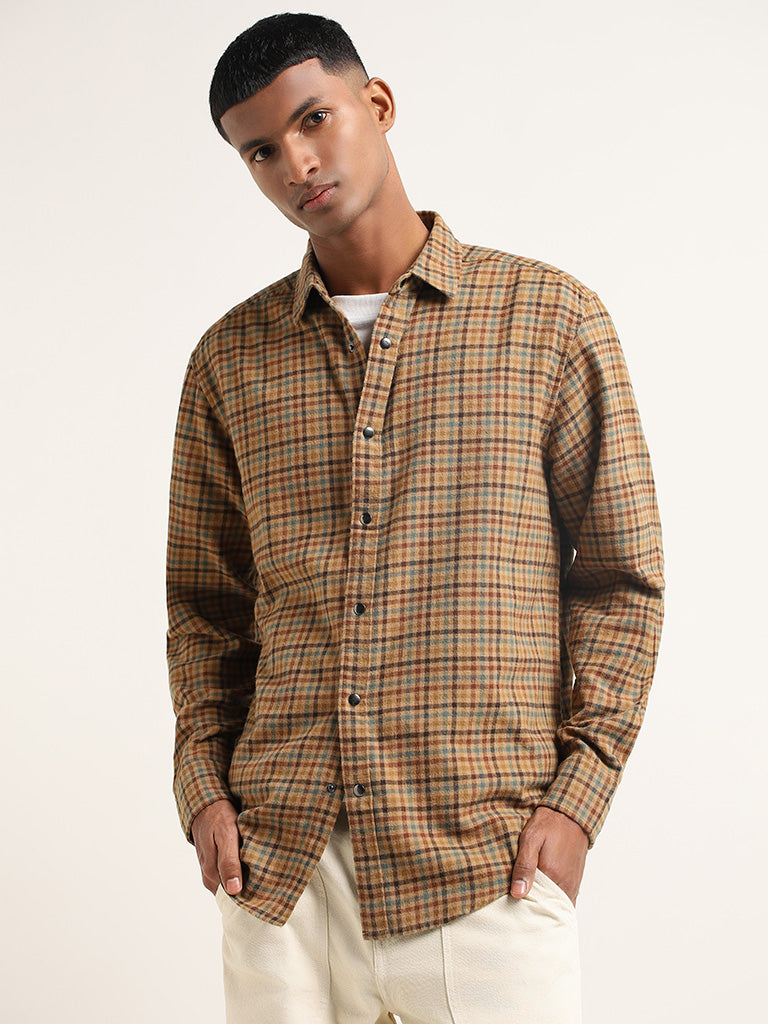 Nuon Brown Checked Cotton Relaxed Fit Shirt