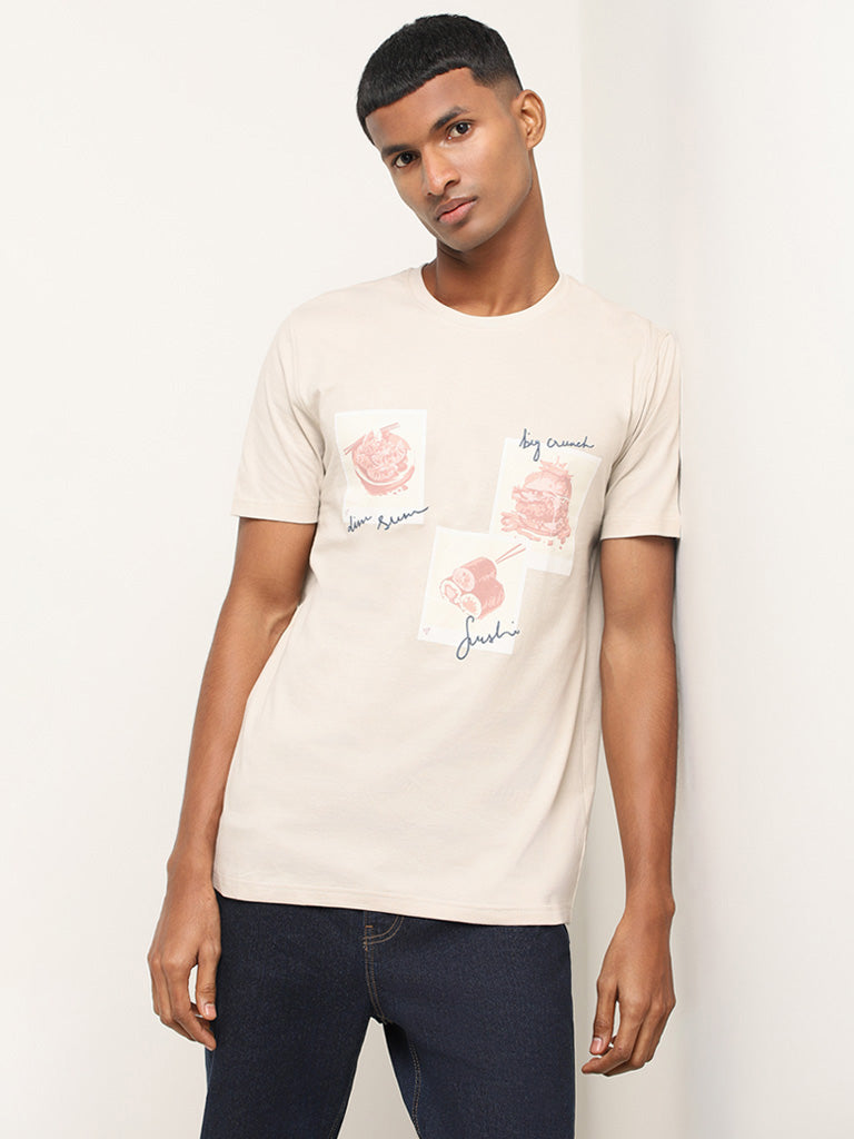 Nuon Beige Printed Cotton Slim Fit T-Shirt