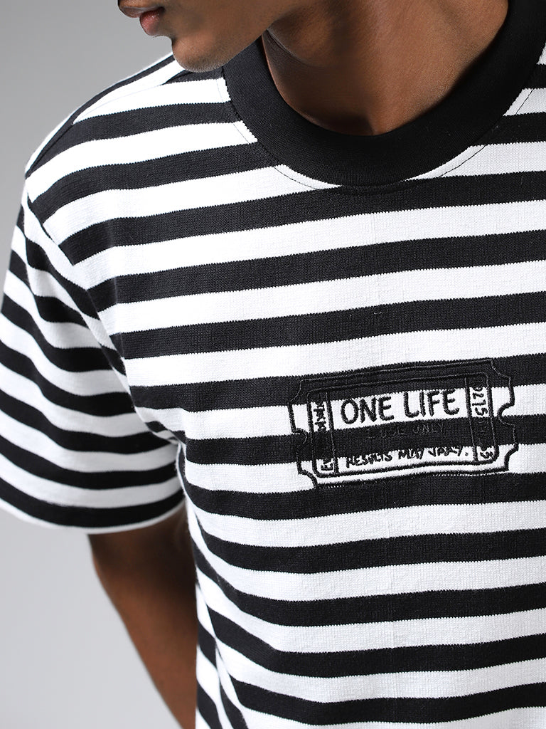 Nuon Black & White Striped Cotton Relaxed Fit T-Shirt