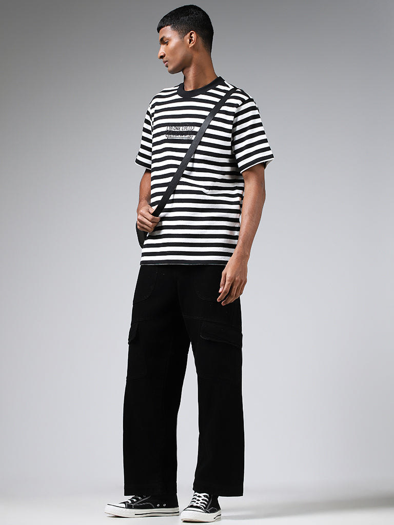 Nuon Black & White Striped Cotton Relaxed Fit T-Shirt