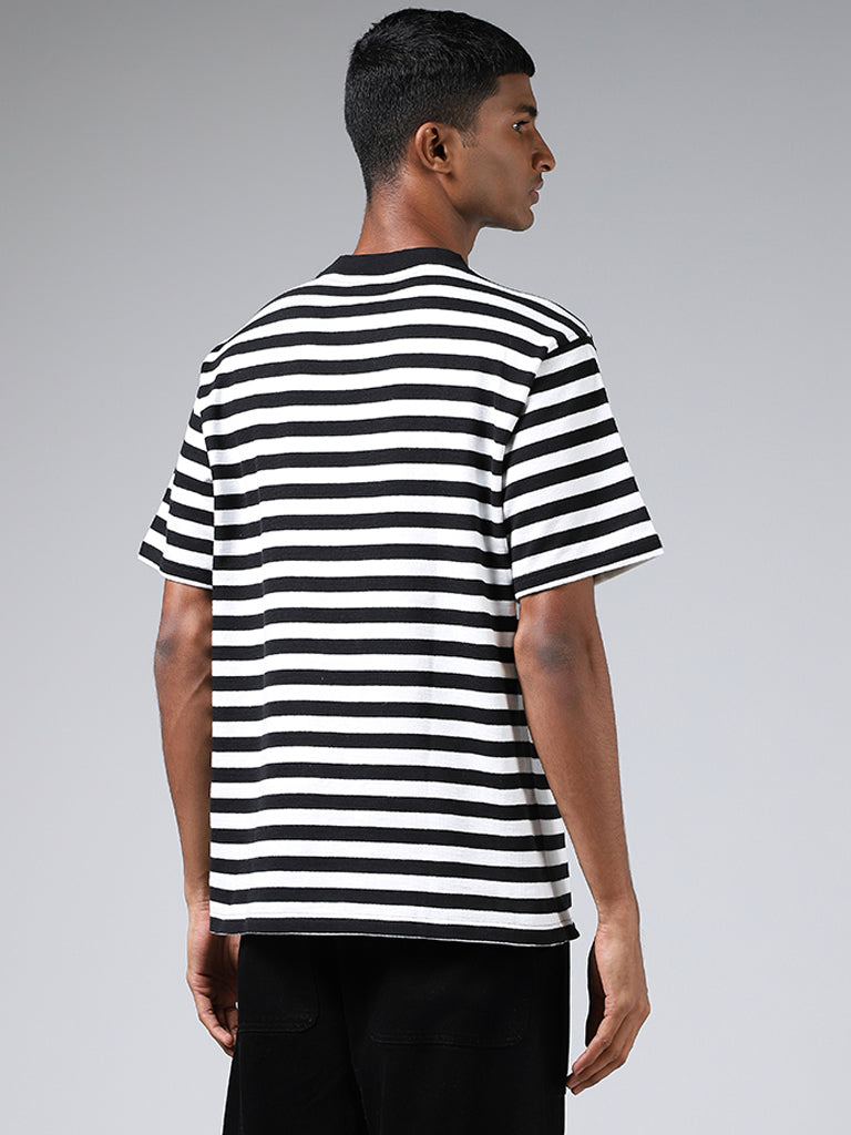 Nuon Black & White Striped Cotton Relaxed Fit T-Shirt