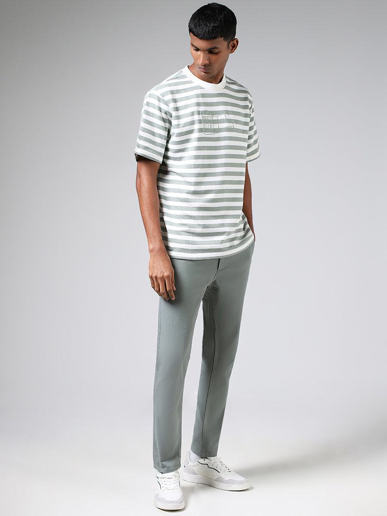 Nuon Sage Green & White Striped Cotton Relaxed Fit T-Shirt