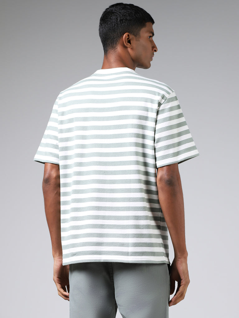 Nuon Sage Green & White Striped Cotton Relaxed Fit T-Shirt