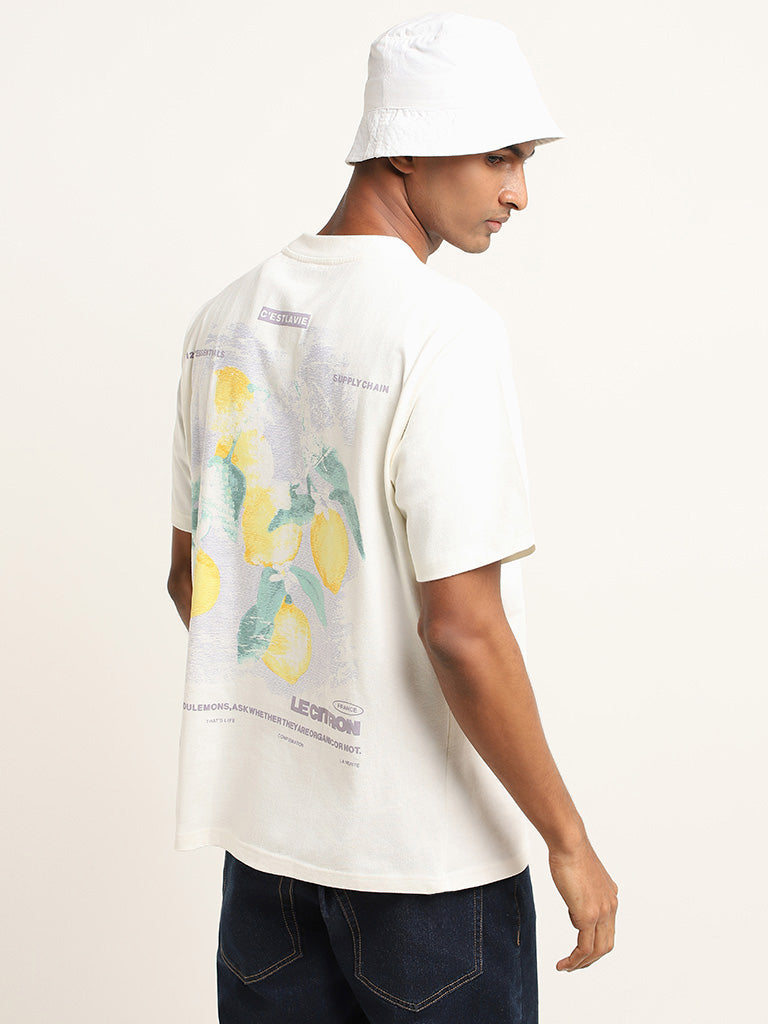 Nuon Off White Printed Cotton T-Shirt