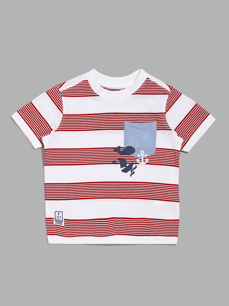 HOP Kids Striped Embroidered Red T-Shirt