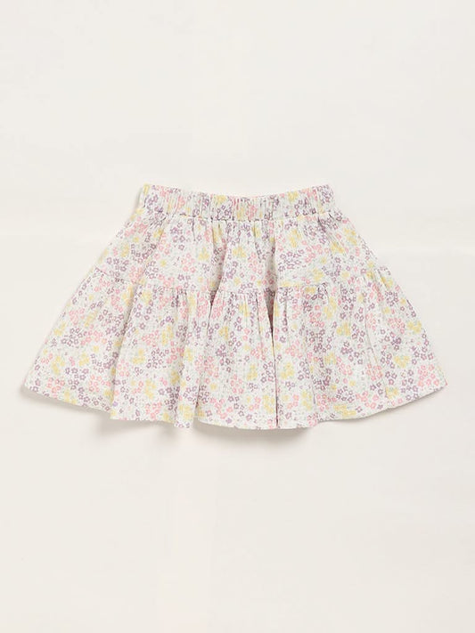 HOP Kids Floral Print White Pleated Skirt