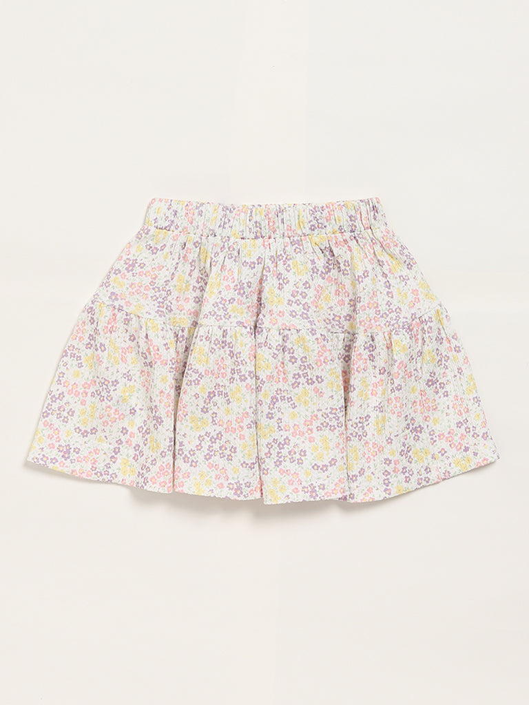 HOP Kids Floral Print White Pleated Skirt