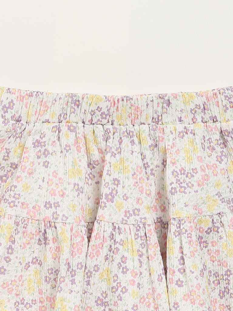 HOP Kids Floral Print White Pleated Skirt