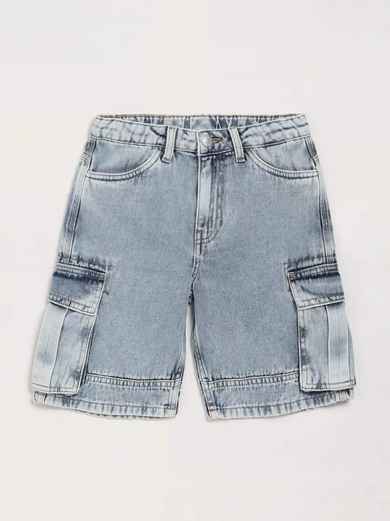 Y&F Kids Blue Mid Rise Cargo Shorts