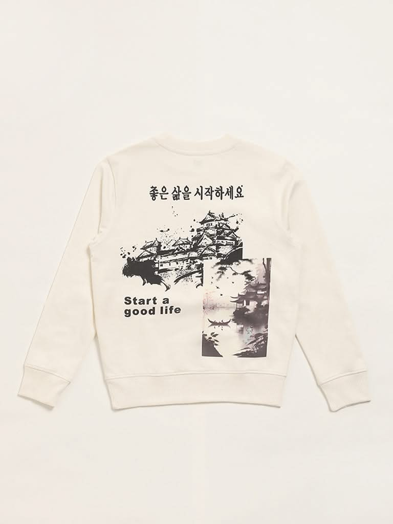 Y&F Kids Off White Printed Sweatshirt