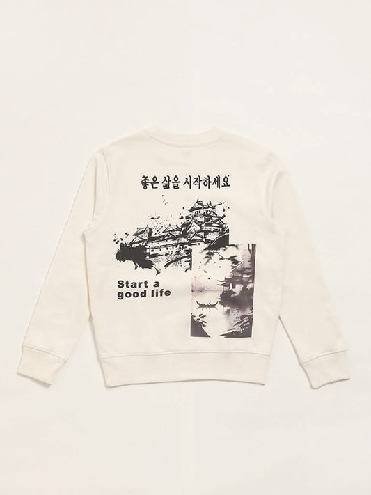 Y&F Kids Off White Printed Sweatshirt